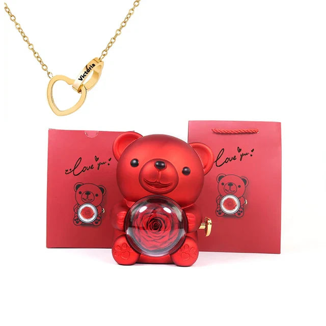 Engraved heart necklace comes in a real rose bear gift box